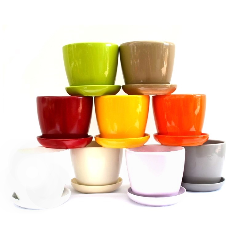 Ghiveci ceramic colorat cu farfurie 14,5 cm